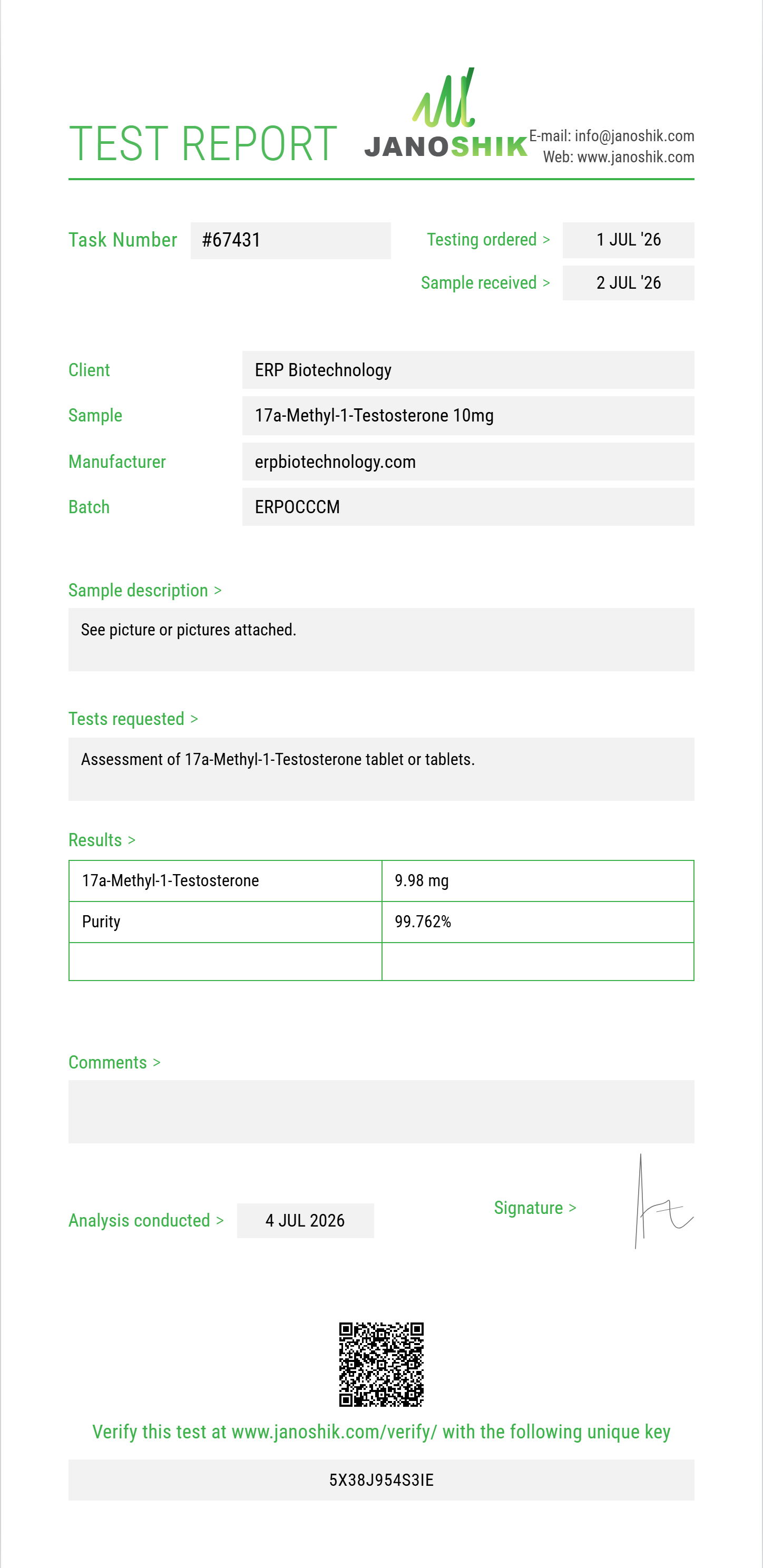 17a-Methyl-1-Testosterone Purity (HPLC) report by Janoshik Analytical