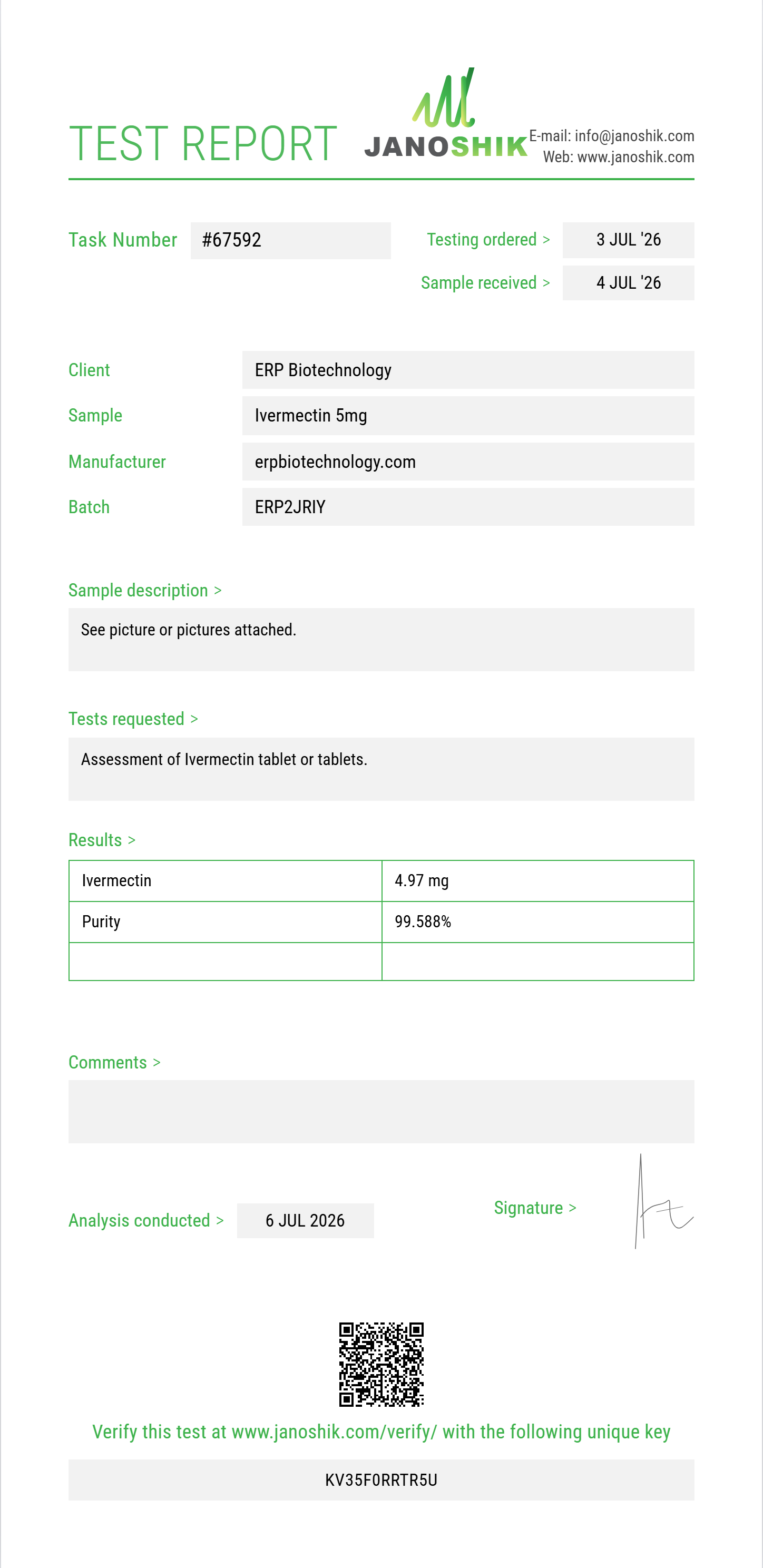 Ivermectin Purity (HPLC) report by Janoshik Analytical