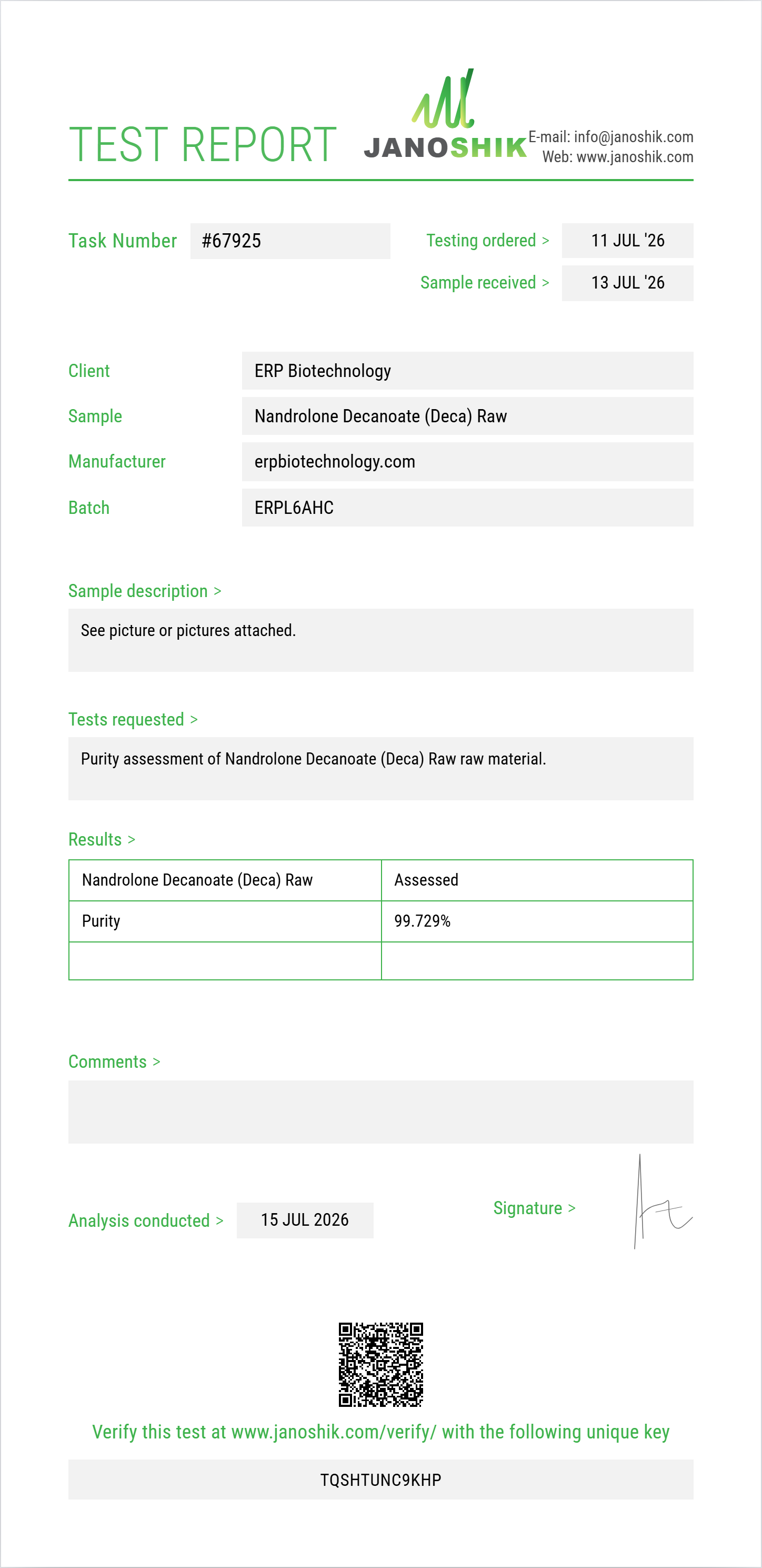 Nandrolone Decanoate (Deca) Raw Purity (HPLC) report by Janoshik Analytical