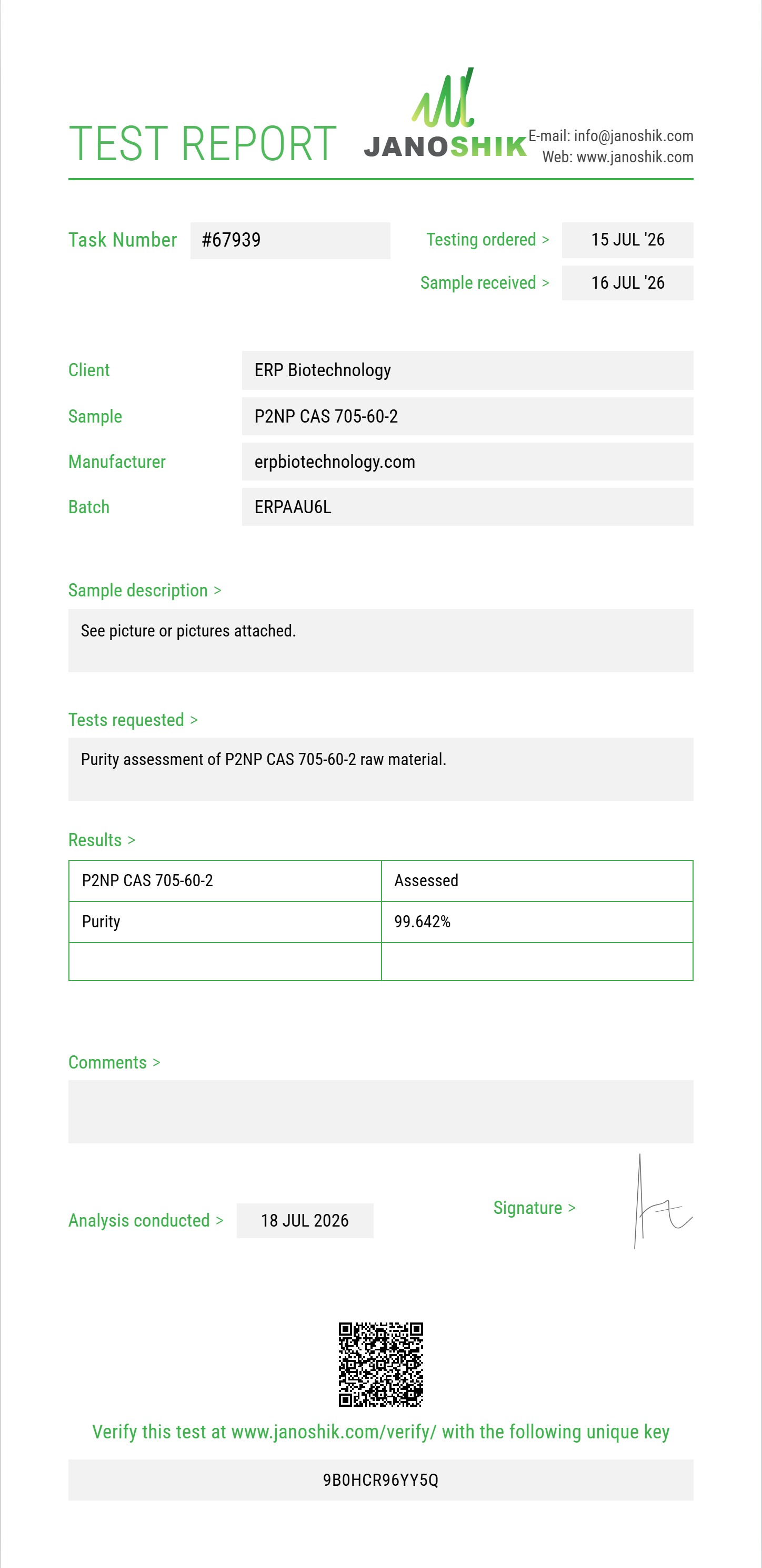 P2NP (1-phenyl-2-nitropropene) CAS 705-60-2 Purity (HPLC) report by Janoshik Analytical