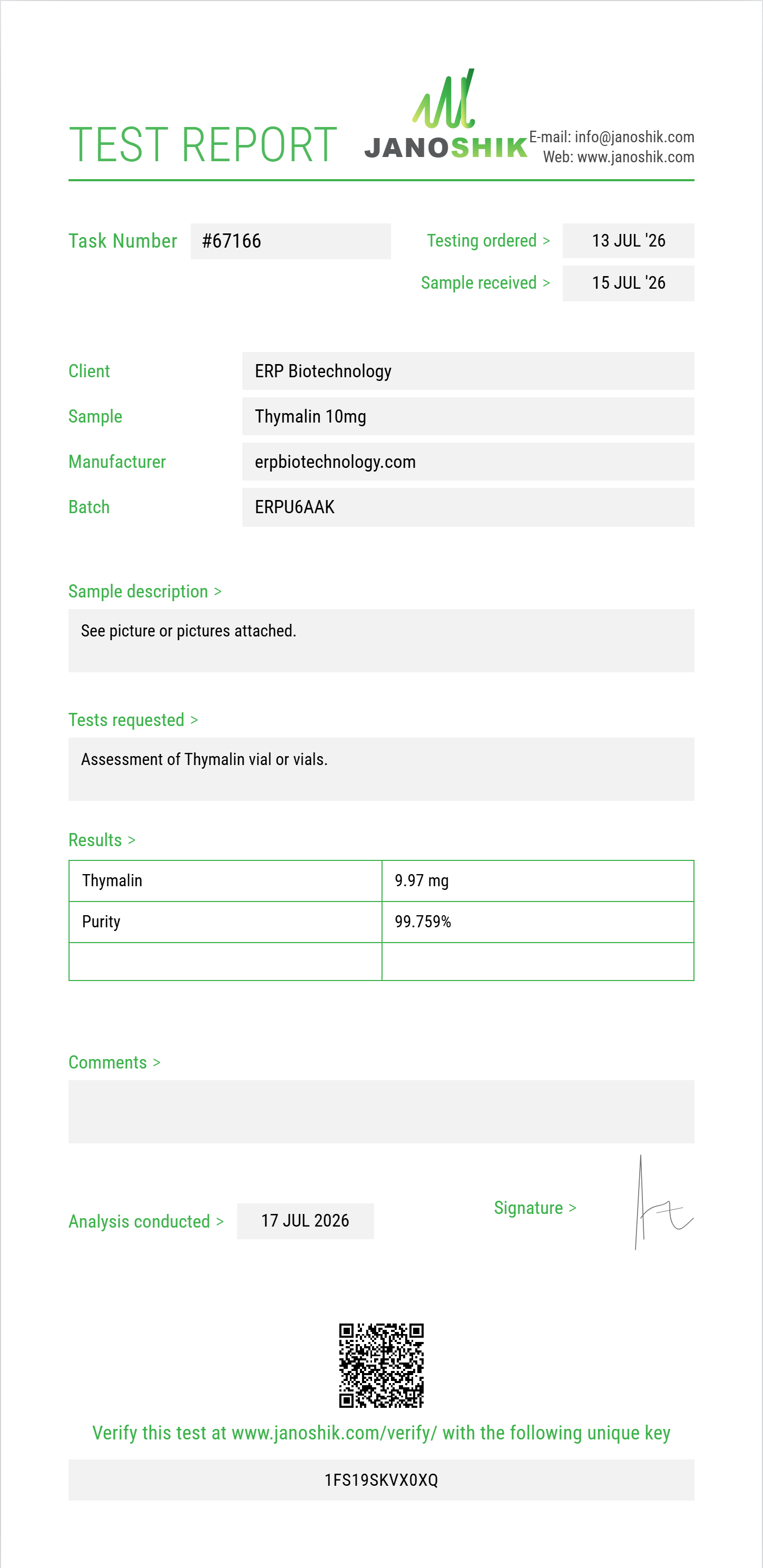 Thymalin Purity (HPLC) report by Janoshik Analytical