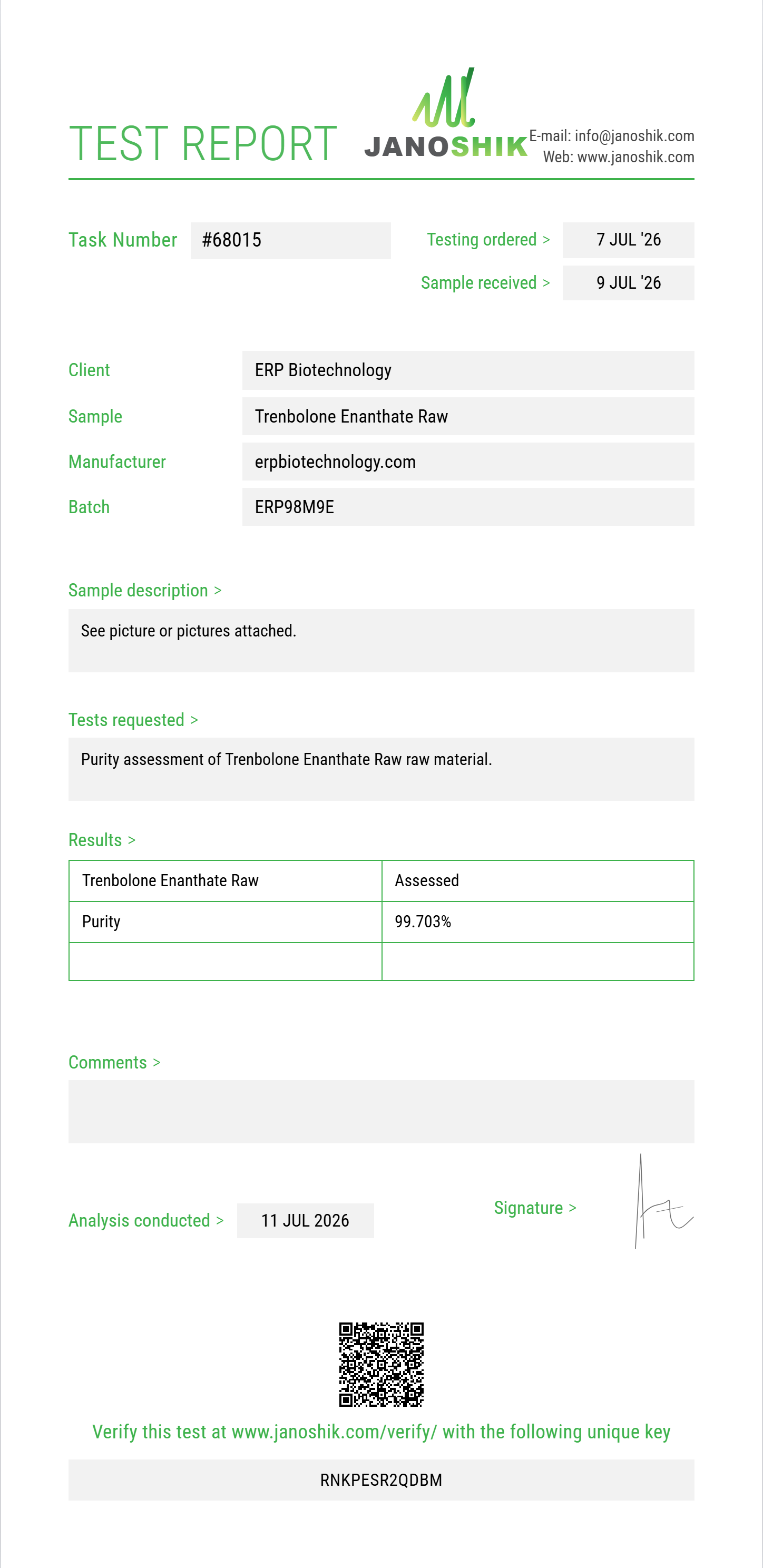 Trenbolone Enanthate Raw Purity (HPLC) report by Janoshik Analytical
